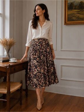 Michelle Stuart Vintage Floral Midi Skirt USA Made Purple Pansy Size Small